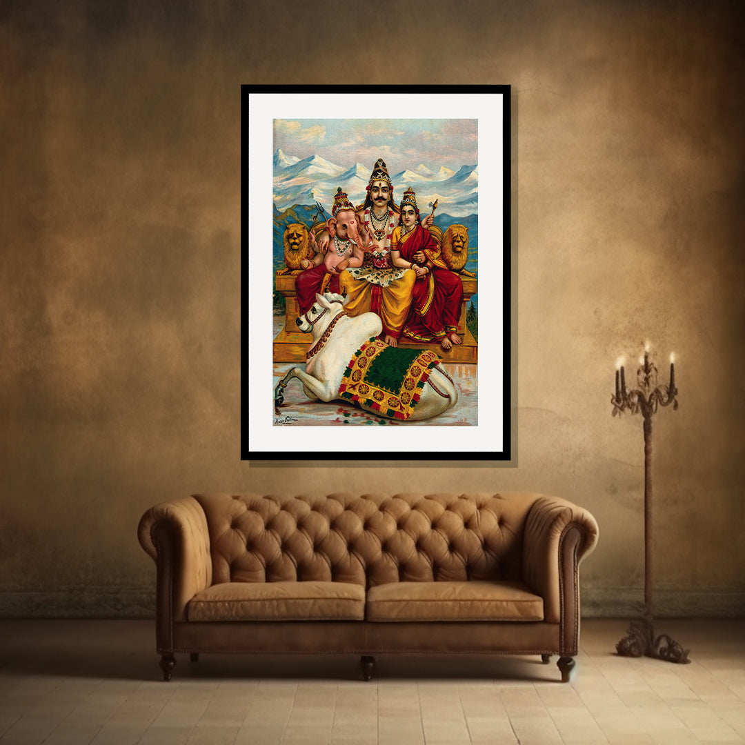 Raja Ravi Varma Artwork Painting - Shiva, Parvati and Ganesha enthroned on Mount Kailas with Nandi the bull