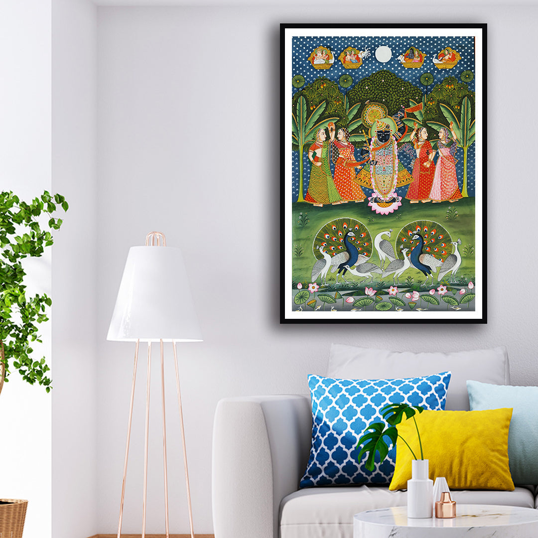 "Shrinath ji With Gopis and Peacocks Pichwai Artwork For Home Decor "