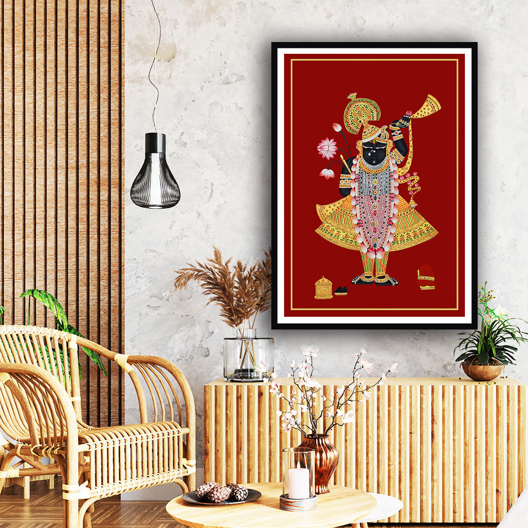 "Red Background Gold Shrinath ji Pichwai Artwork Painting For Home Decor "