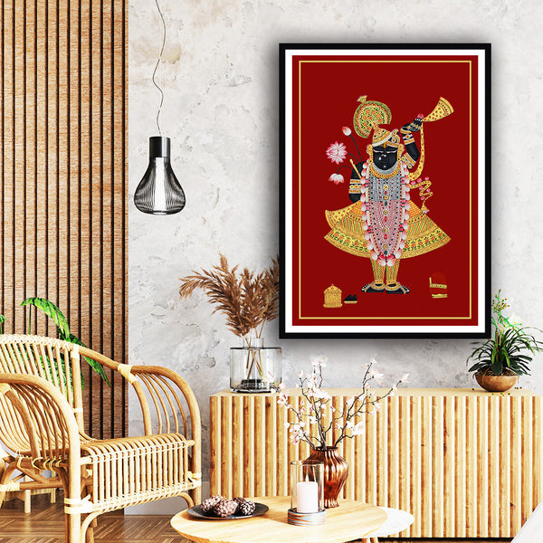 "Red Background Gold Shrinath ji Pichwai Artwork Painting For Home Decor "