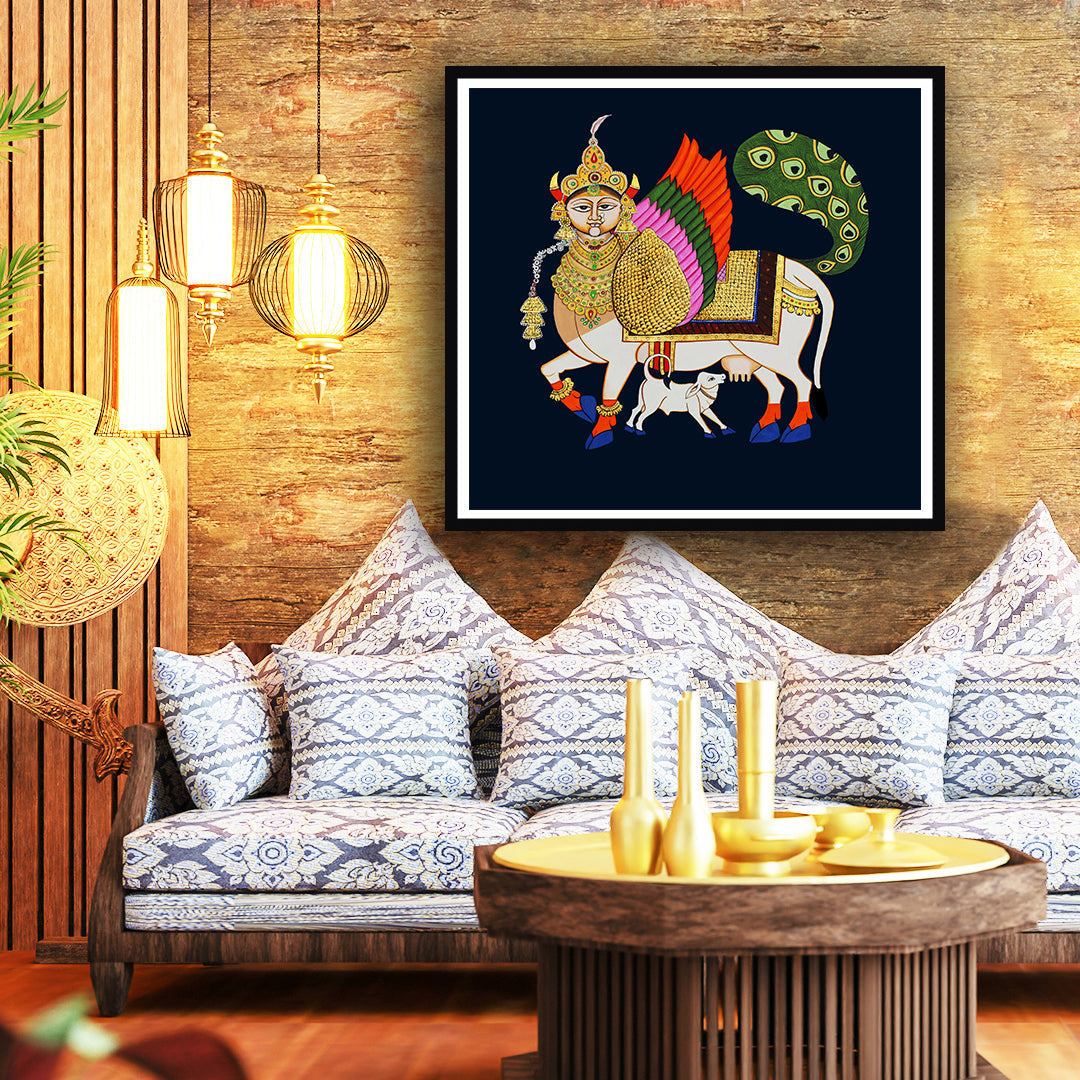 "Sacred and Auspicious Kamdhenu with Calf Pichwai Artwork For Home Decor "