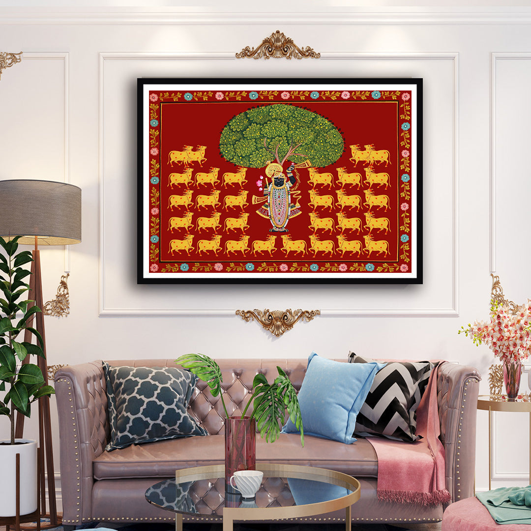 "Maroon Background Shrinath ji Gold Cows Pichwai Artwork For Home Decor "