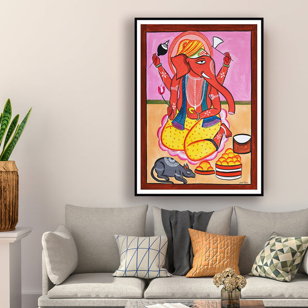 "Lord Ganesha Kalighat Art Painting For Home Wall Art Decor"