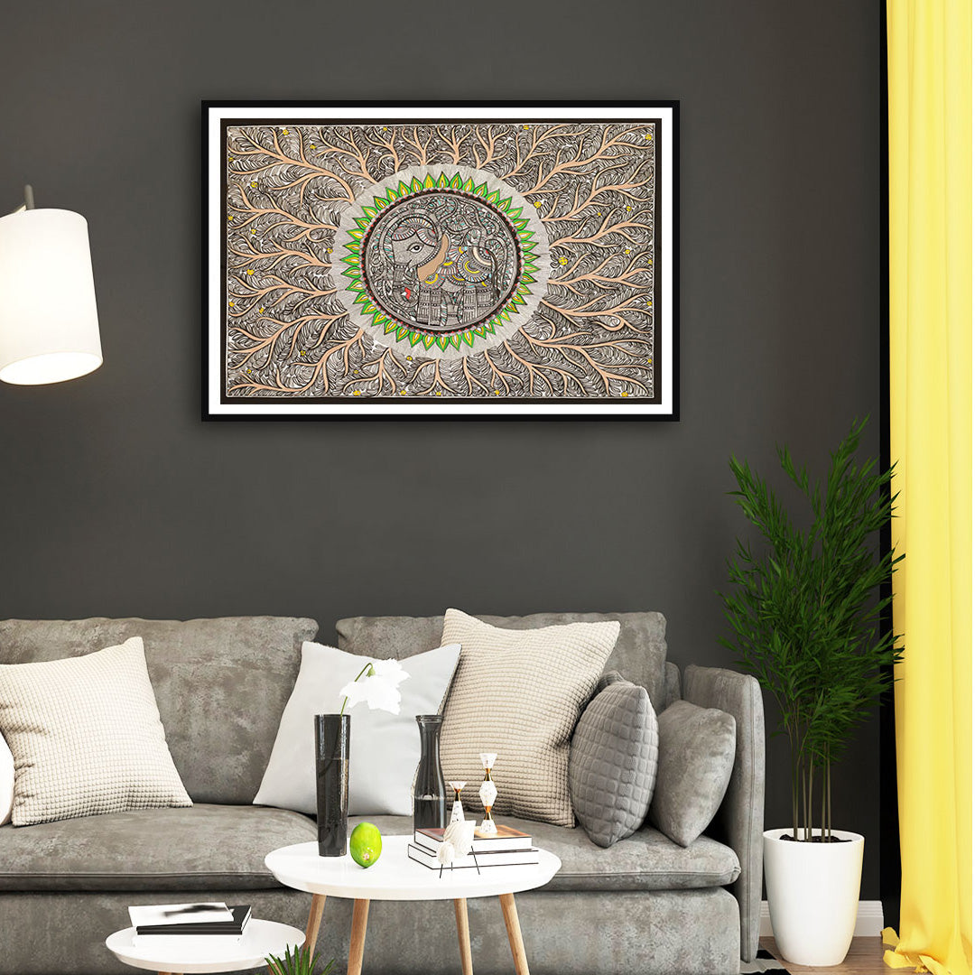 "Elephant line work Madhubani Art Painting For Home Wall Art Decor"