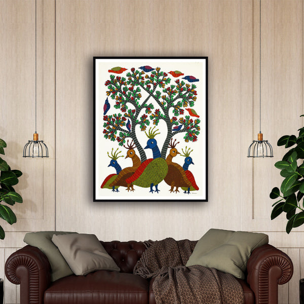 "Garden of Peacocks Gond Art Painting For Home Wall Art Decor"