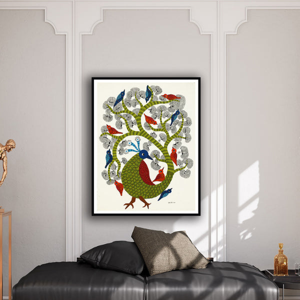 "The Home of Feathers Gond Art Painting For Home Wall Art Decor"