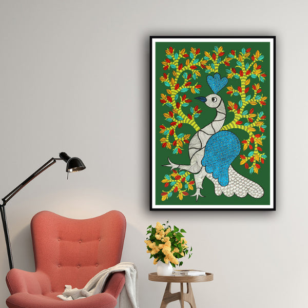 "The Blue Bodied King Gond Art Painting For Home Wall Art Decor"