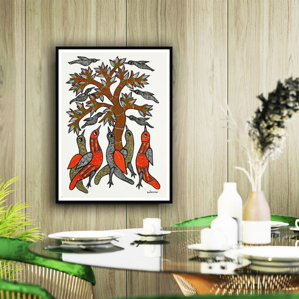"Carnival of Birds Gond Art Painting For Home Wall Art Decor"