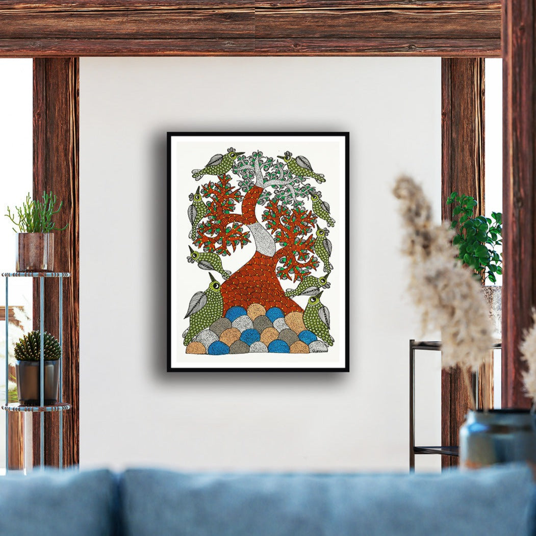 "Land of Feathers Gond Art Painting For Home Wall Art Decor"