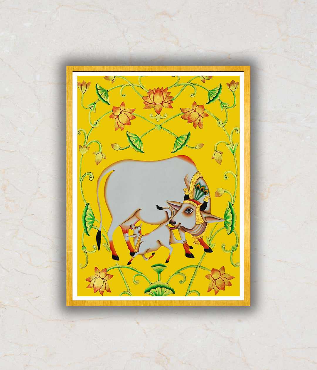 "Kamdhenu with Calf Pichwai Art Painting For Home Wall Art Decor 3"