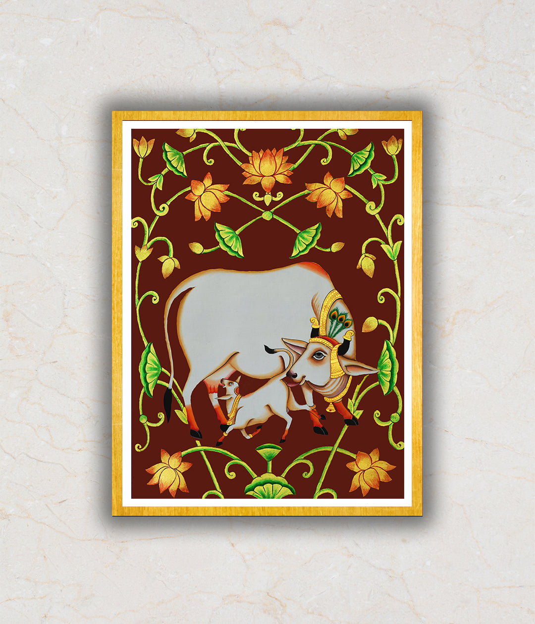 "Kamdhenu Cow with Calf Pichwai Art Painting For Home Wall Art Decor 2"