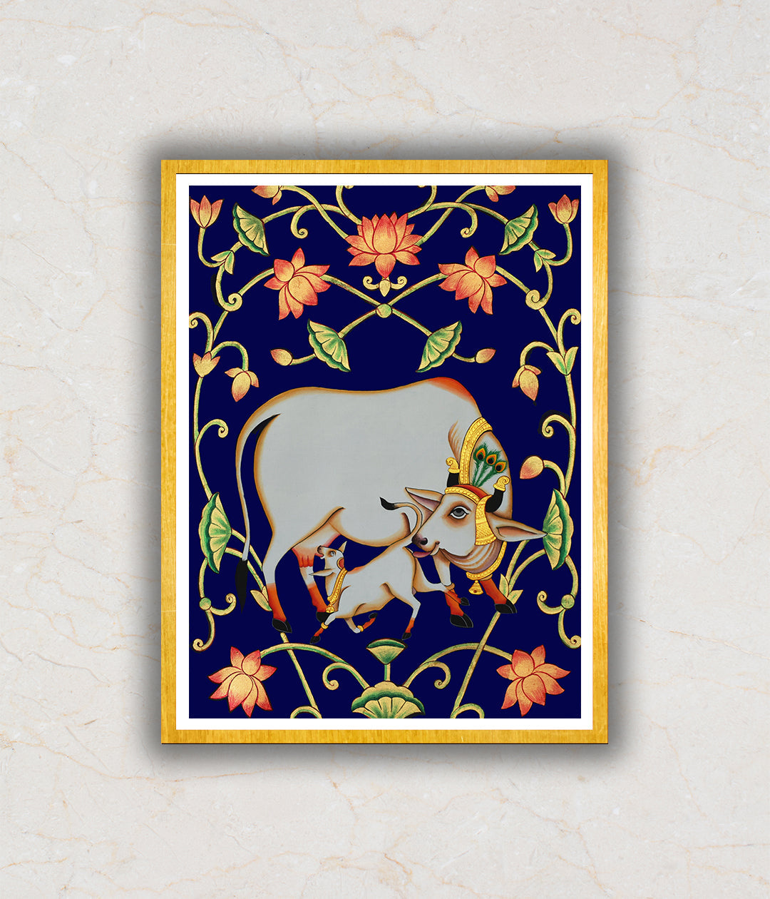 "Kamdhenu Cow with Calf Pichwai Art Painting For Home Wall Art Decor 1"