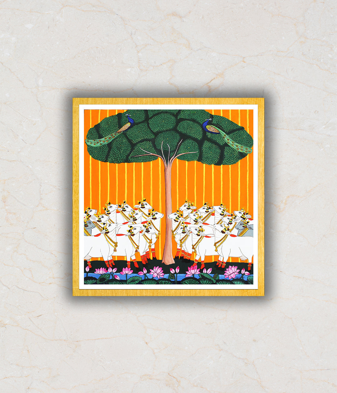 "Herd of Cows & Tree Contemporary Pichwai Art Painting For Home Wall Art Decor"