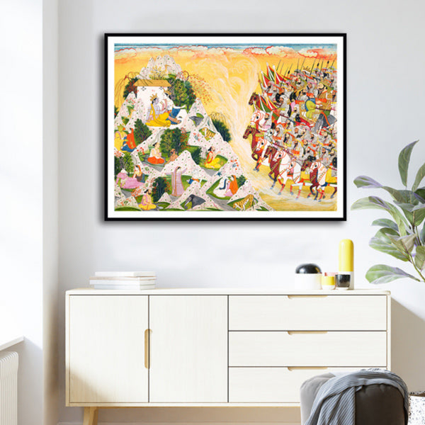 "Jarasandhḁs army advances toward Krishna and Balarama, Folio From a Mahabharata Artwork Painting For Home Wall Art D�_cor"