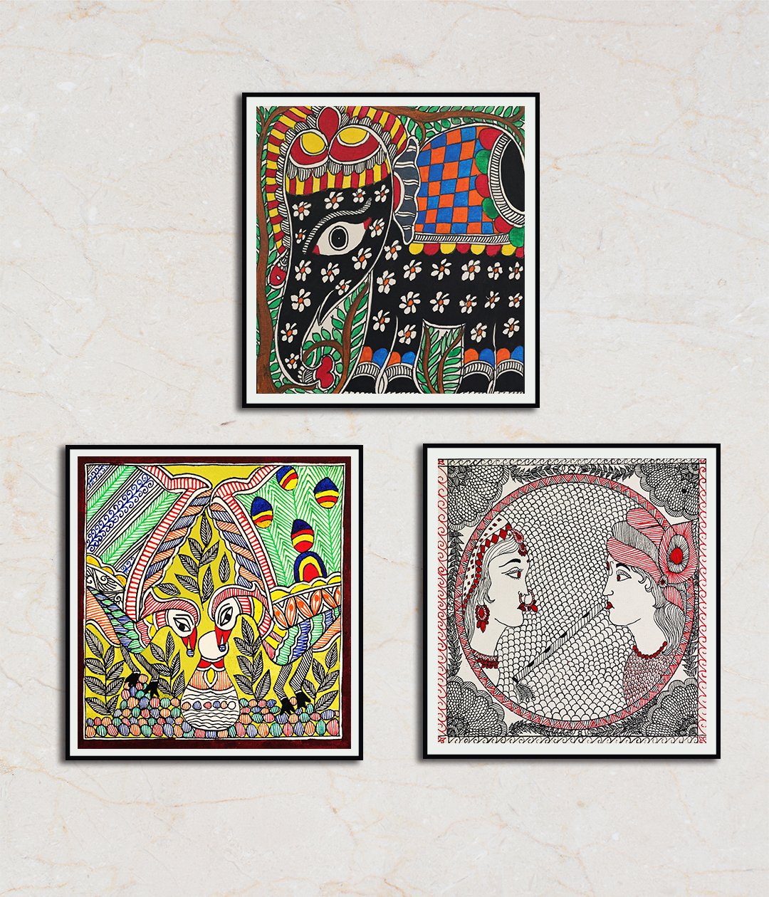 "Enchanted Set Of 3 Madhubani Art Paintings For Home Wall Decor"