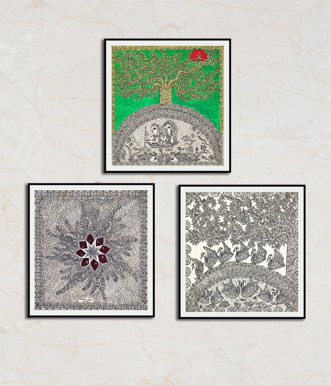"Rendezvous Set Of 3 Madhubani Art Paintings For Home Wall Decor"