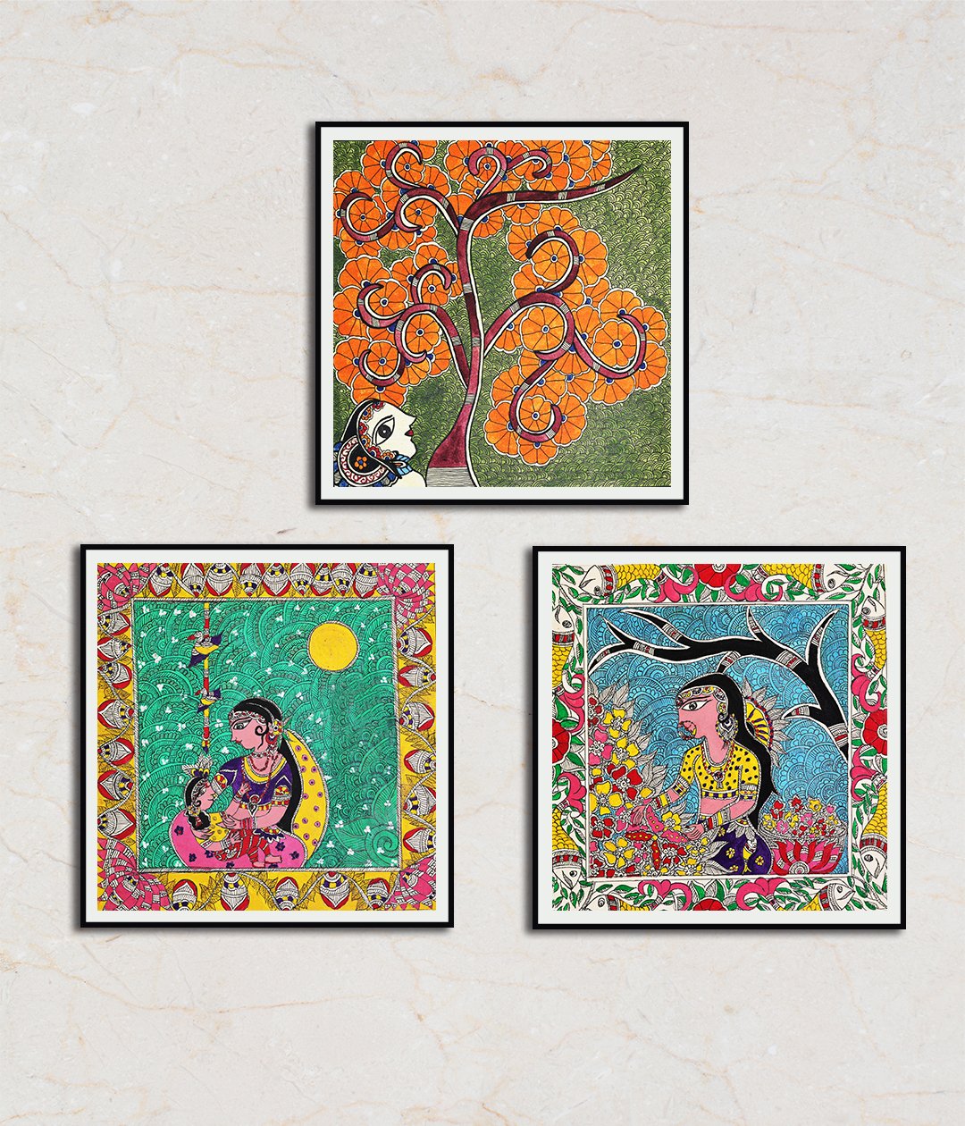 "Season of Love Set Of 3 Madhubani Art Paintings For Home Wall Decor"