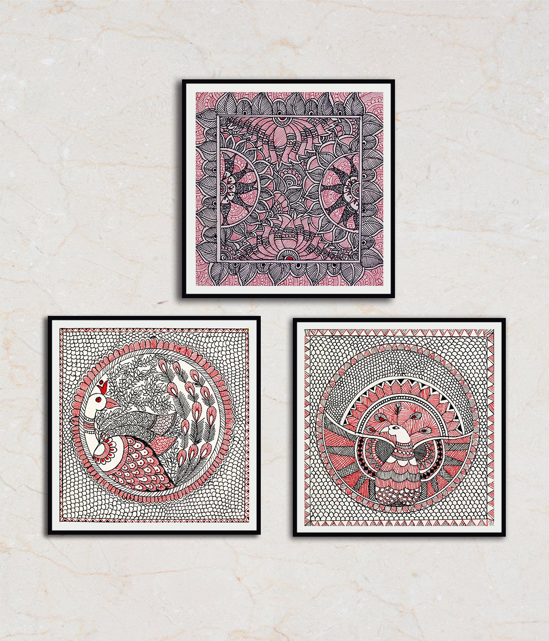 "Monotone Madhubani Painting Set Of 3 Madhubani Art Paintings For Home Wall Decor"