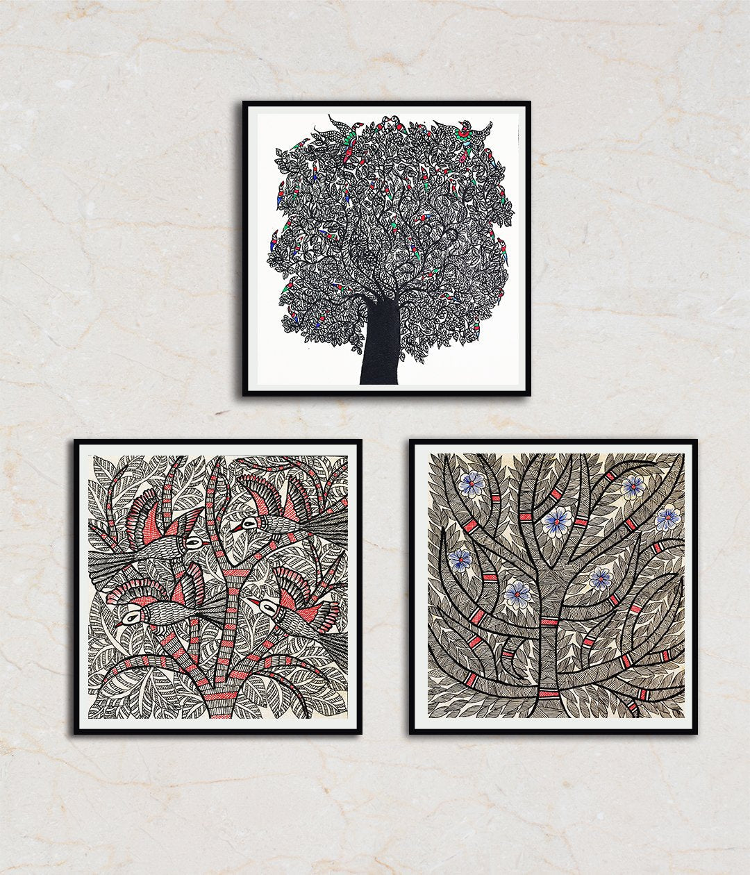 "Song of Birds Set Of 3 Madhubani Art Paintings For Home Wall Decor"