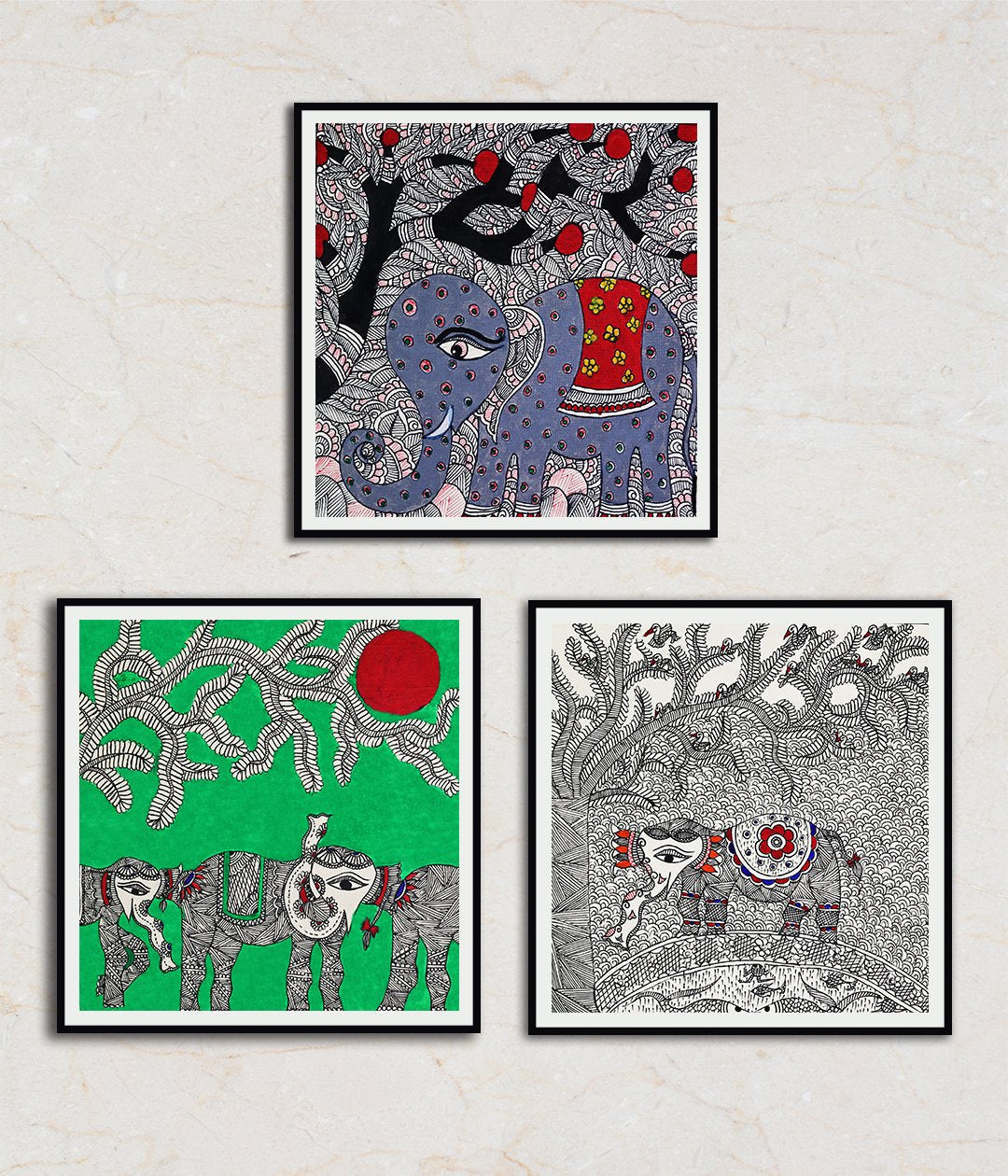 "The Elephant Clan Set Of 3 Madhubani Art Paintings For Home Wall Decor"