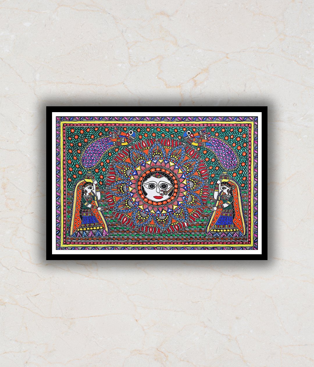 "Worshipping the Sun God Madhubani Art Painting For Home Wall Art Decor"
