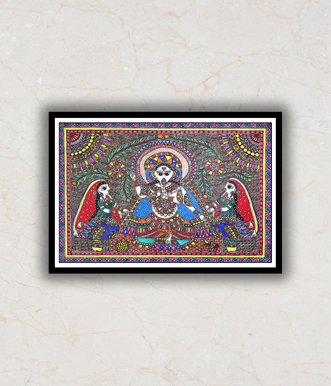 "Ganesha & Riddhi Sidhi Madhubani Art Painting For Home Wall Art Decor"