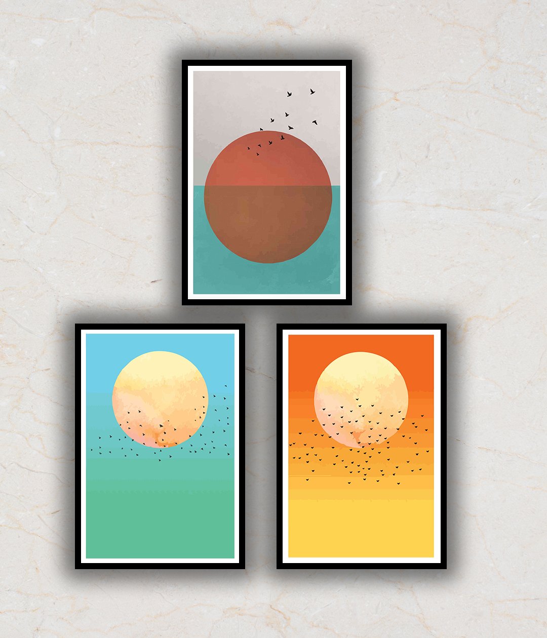 "Sunrise and Sunset Set Of 3 Madhubani Abstract Art Paintings For Home Wall Decor"