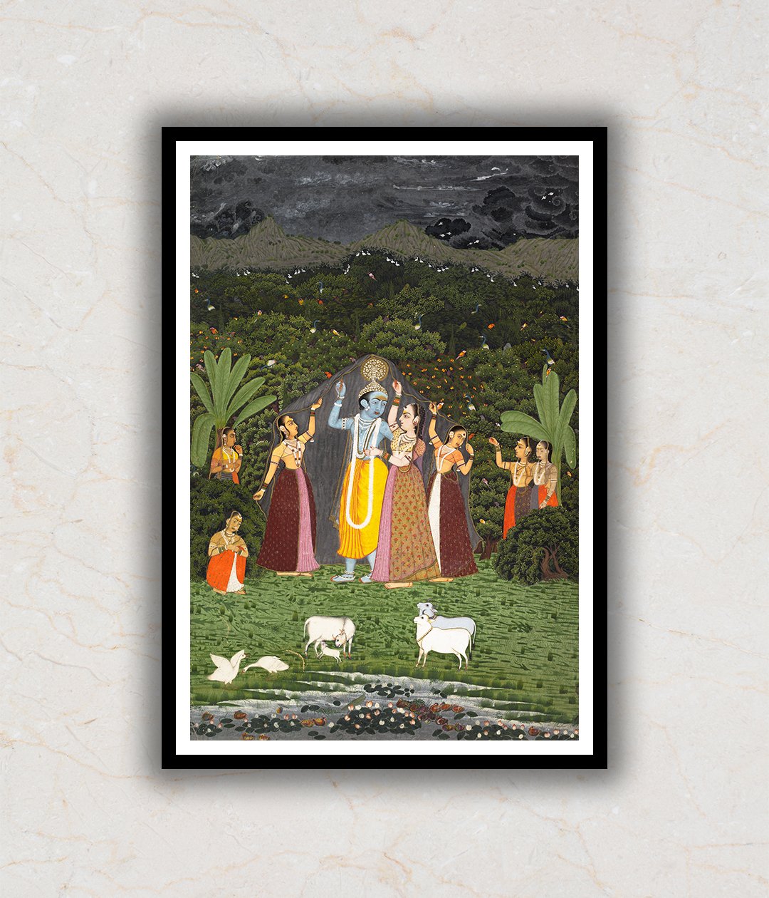 "Krishna and the Gopis Take Shelter from the Rain Pichwai Art Painting For Home Wall Art Decor"