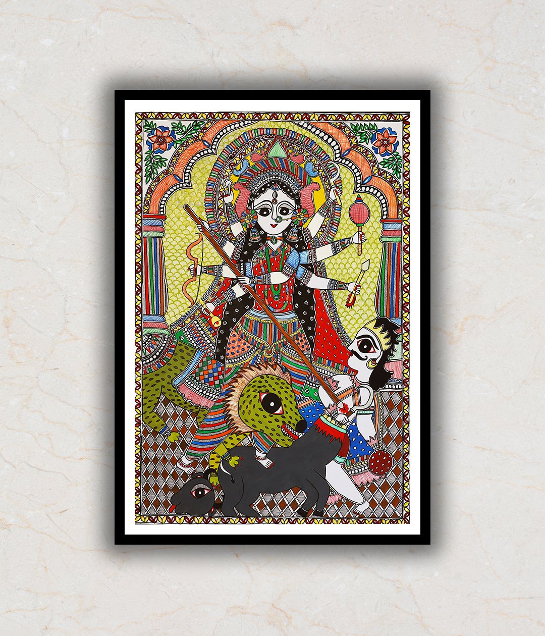 "Goddess Durga Madhubani Art Painting For Home Wall Art Decor"
