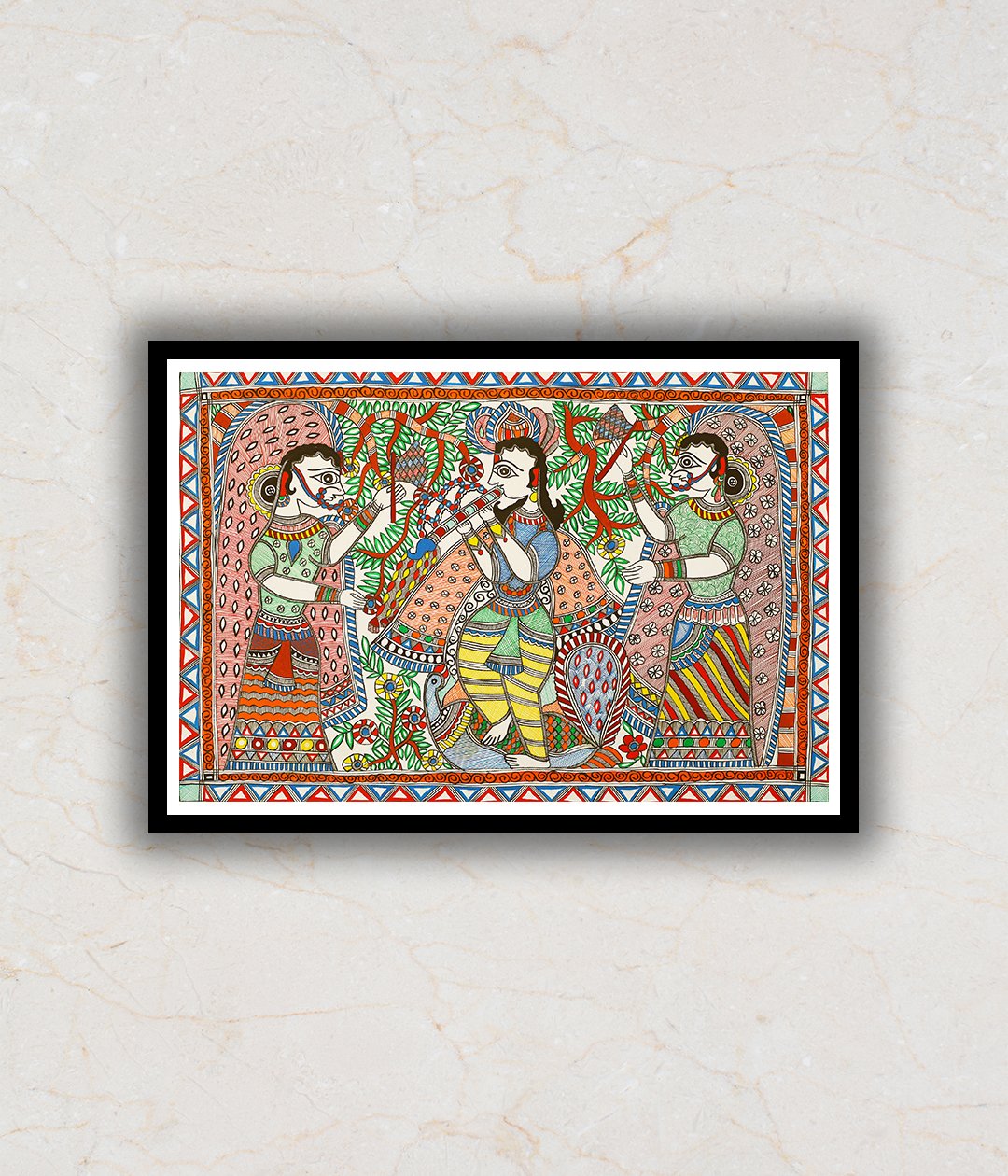 "Krishna and Gopis Madhubani Art Painting For Home Wall Art Decor"