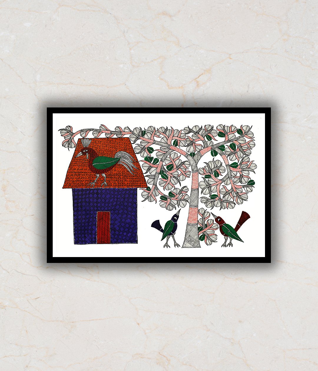 "Village Hut and tree Gond Art Painting For Home Wall Art Decor"