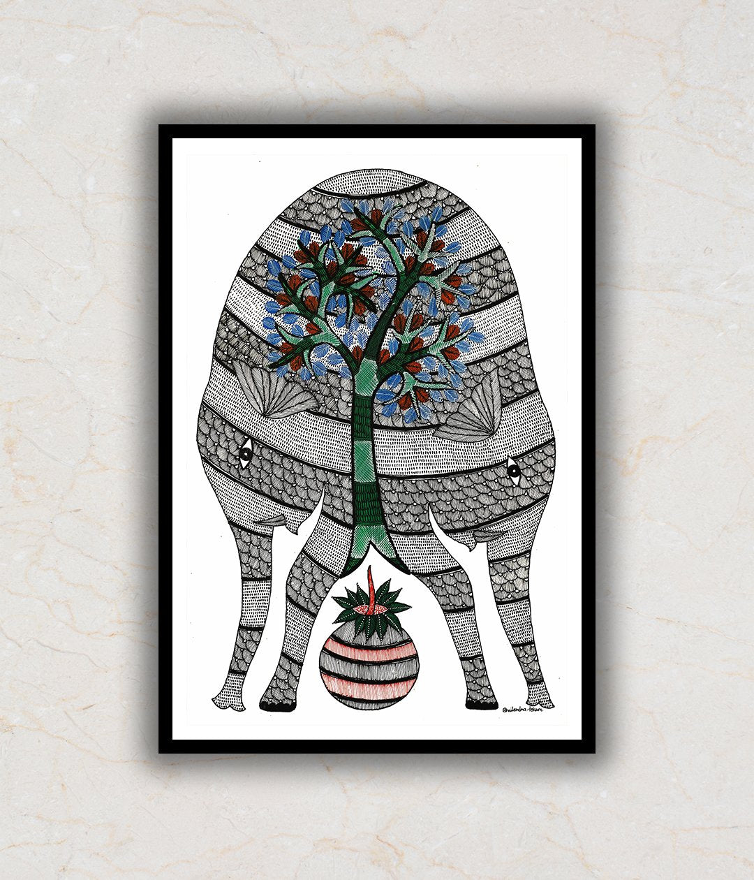 "Two elephants and Tree Gond Art Painting For Home Wall Art Decor"
