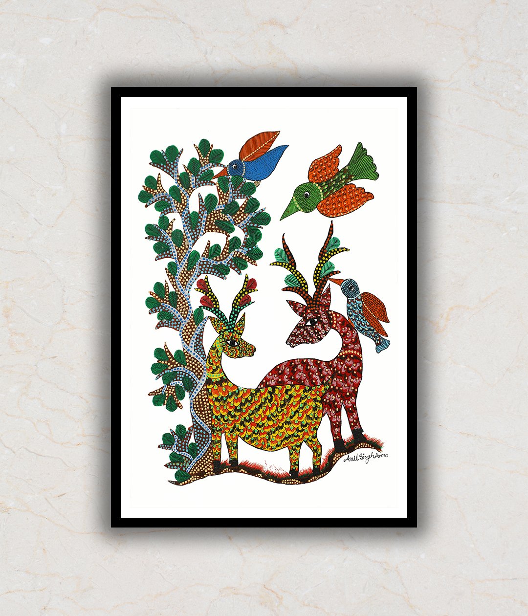 "Two Deers and Tree Gond Art Painting For Home Wall Art Decor"