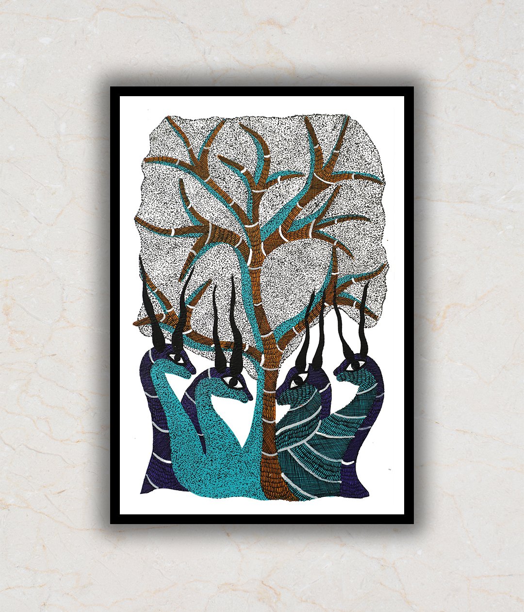 "Blue Deers and Tree Gond Art Painting For Home Wall Art Decor"