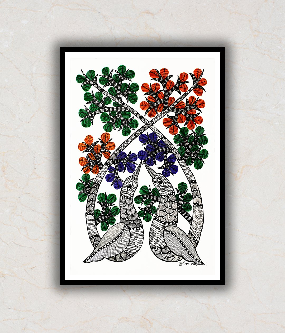 "Two Peacocks Gond Art Painting For Home Wall Art Decor"