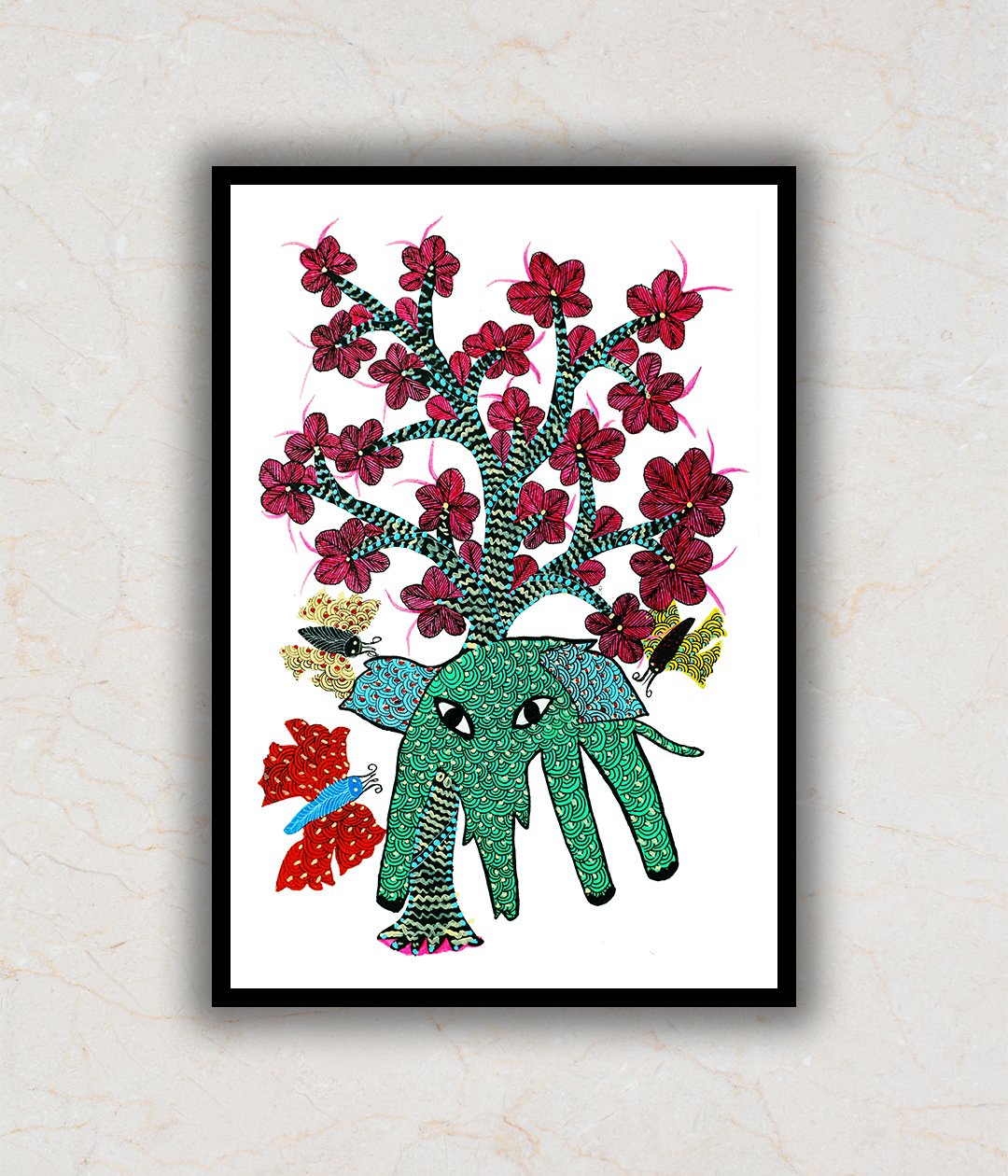 "Elephant and Tree Gond Art Painting For Home Wall Art Decor 3"