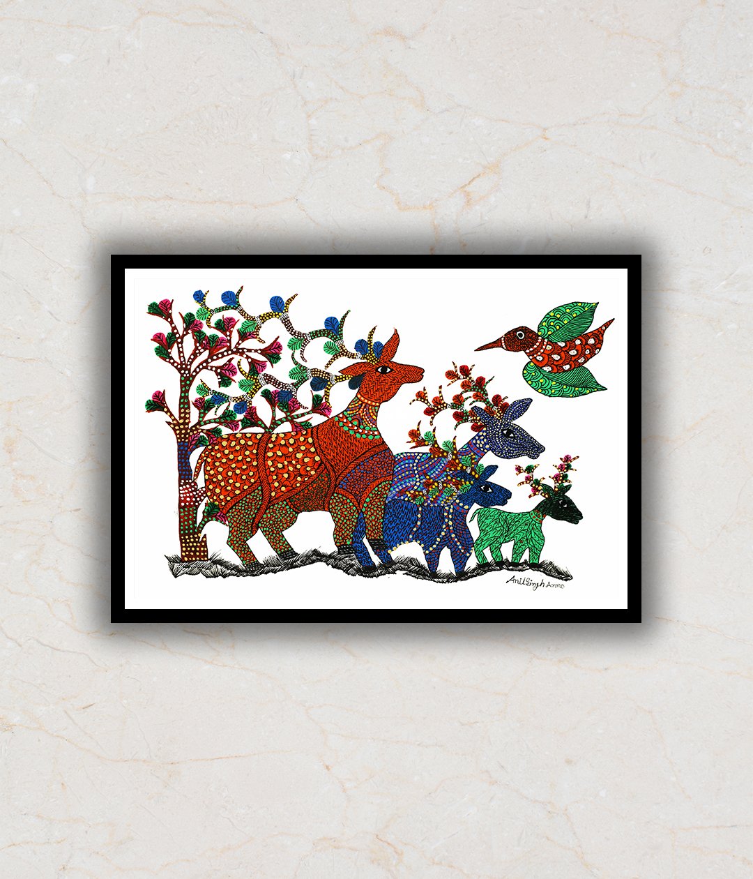 "Deers and Bird Gond Art Painting For Home Wall Art Decor"