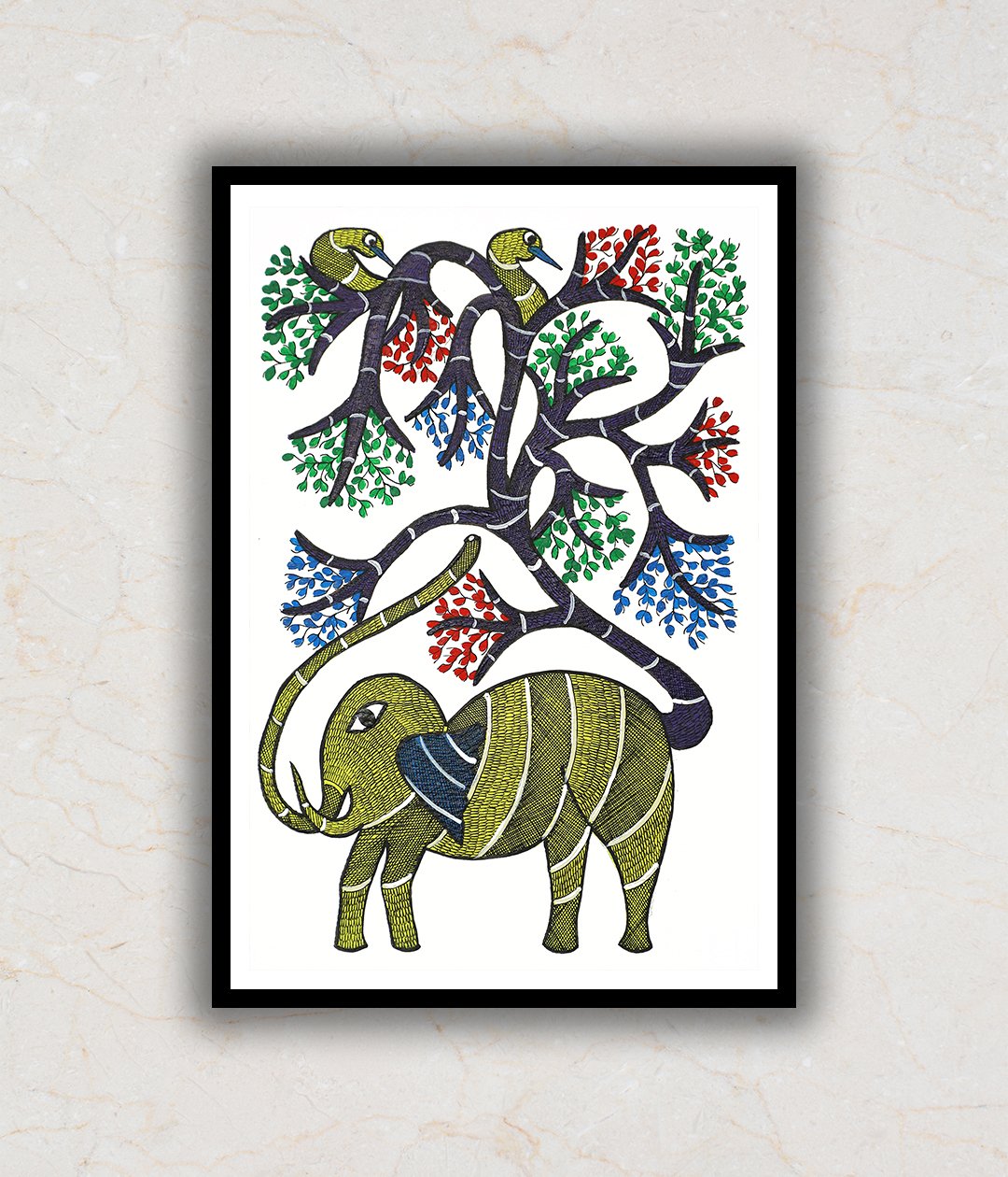 "Elephant and Tree Gond Art Painting For Home Wall Art Decor"