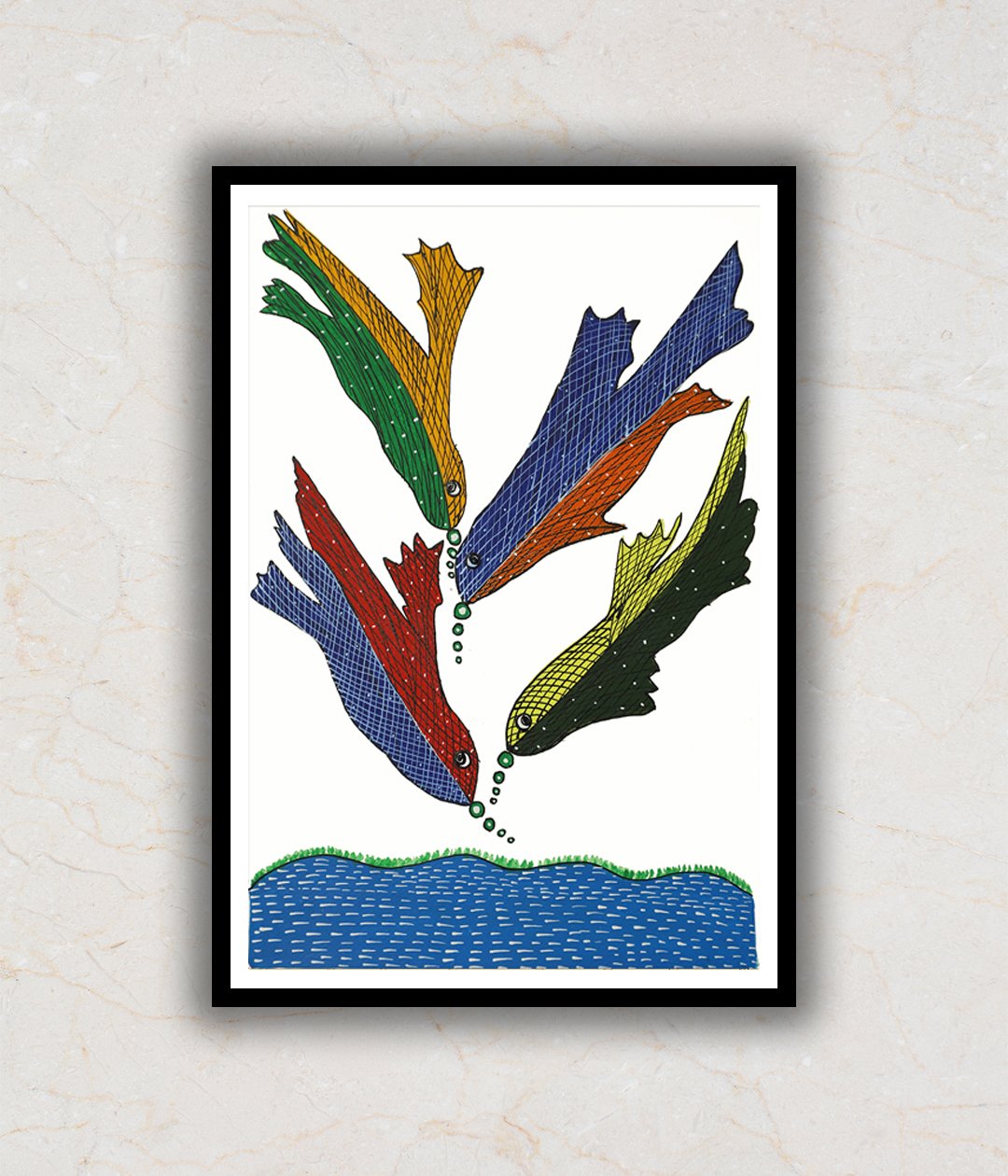 "Fishes in Pond Gond Art Painting For Home Wall Art Decors"