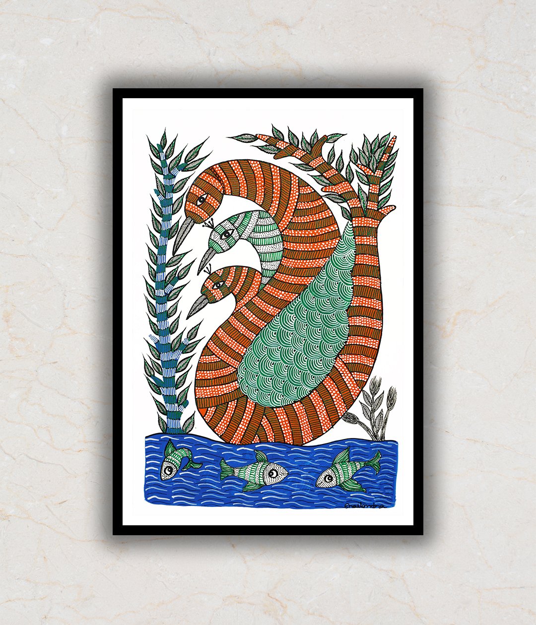 "Three Ducks and fishes Gond Art Painting For Home Wall Art Decor"