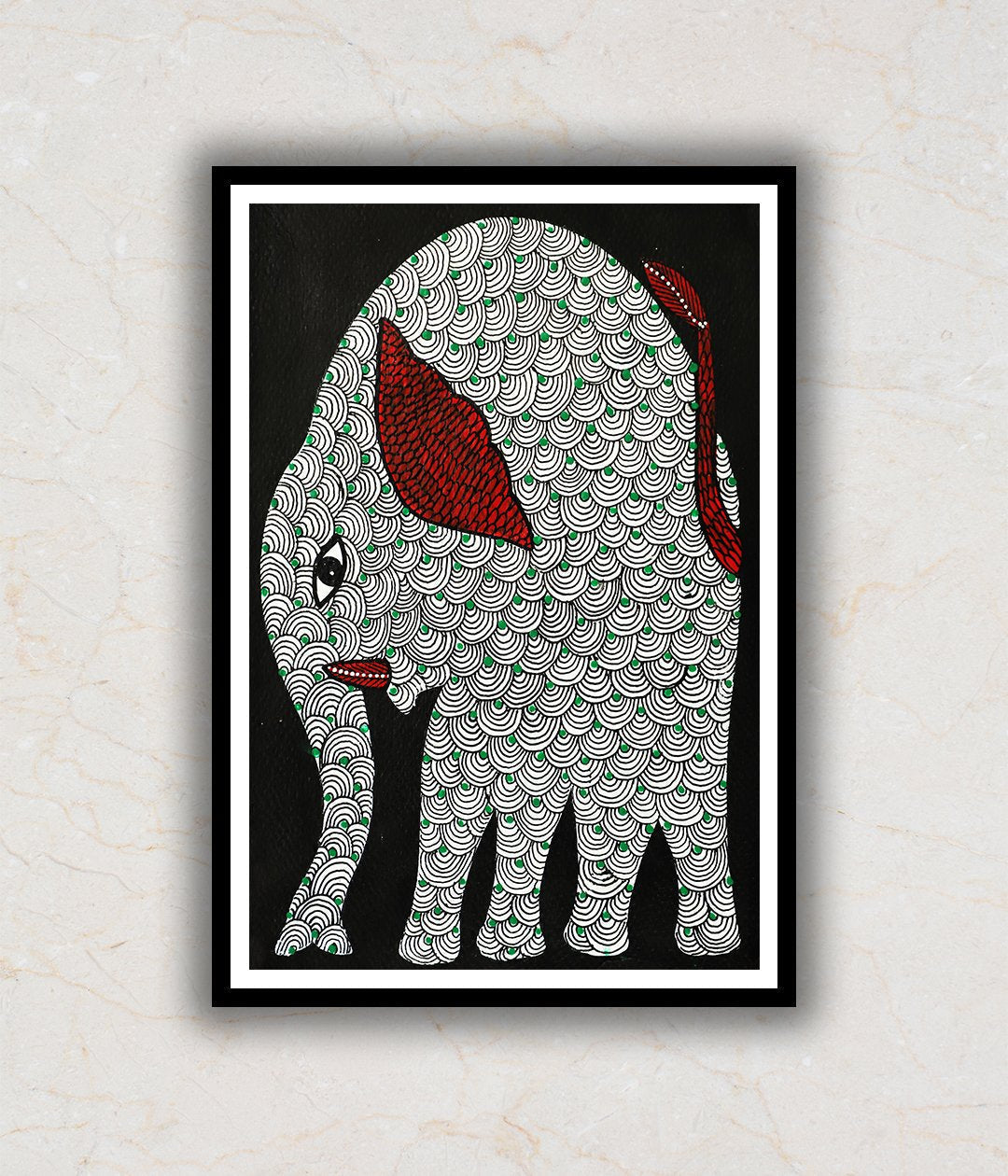 "Monochrome Elephant Gond Art Painting For Home Wall Art Decor"
