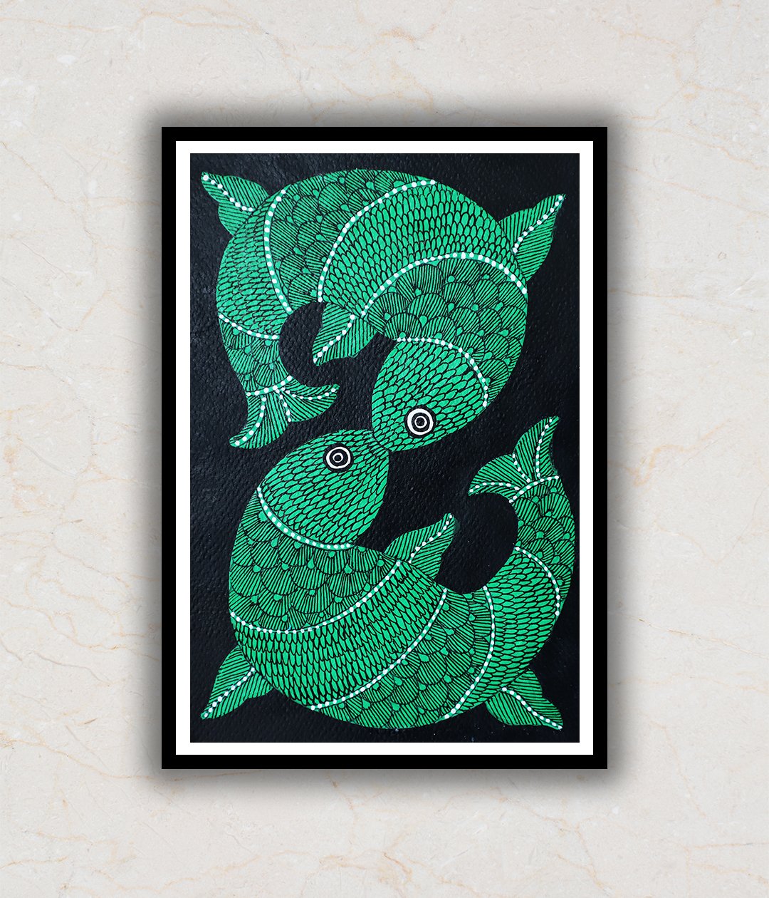 "Green Fishes Gond Art Painting For Home Wall Art Decor"