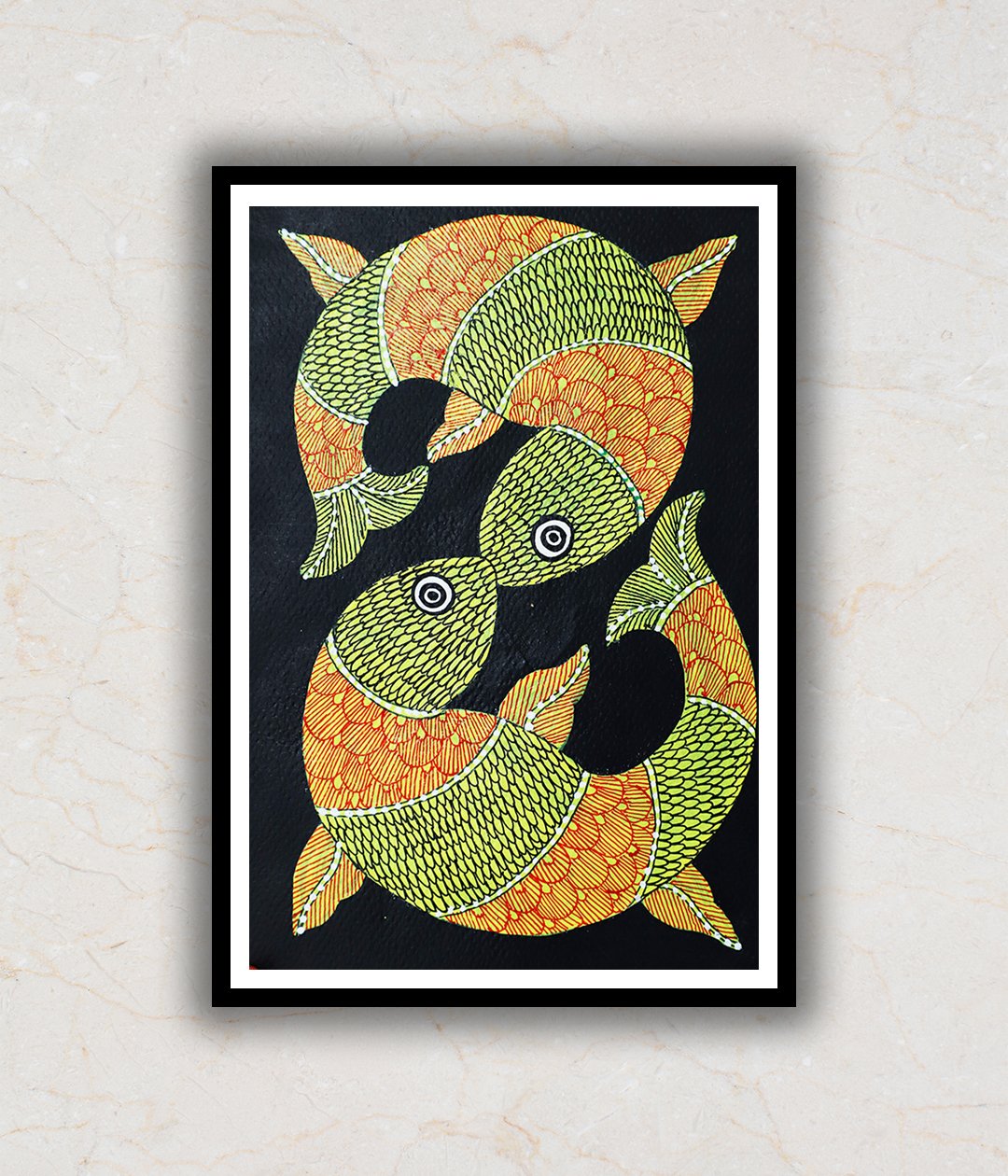 "Yellow and Orange Fishes Gond Art Painting For Home Wall Art Decor"