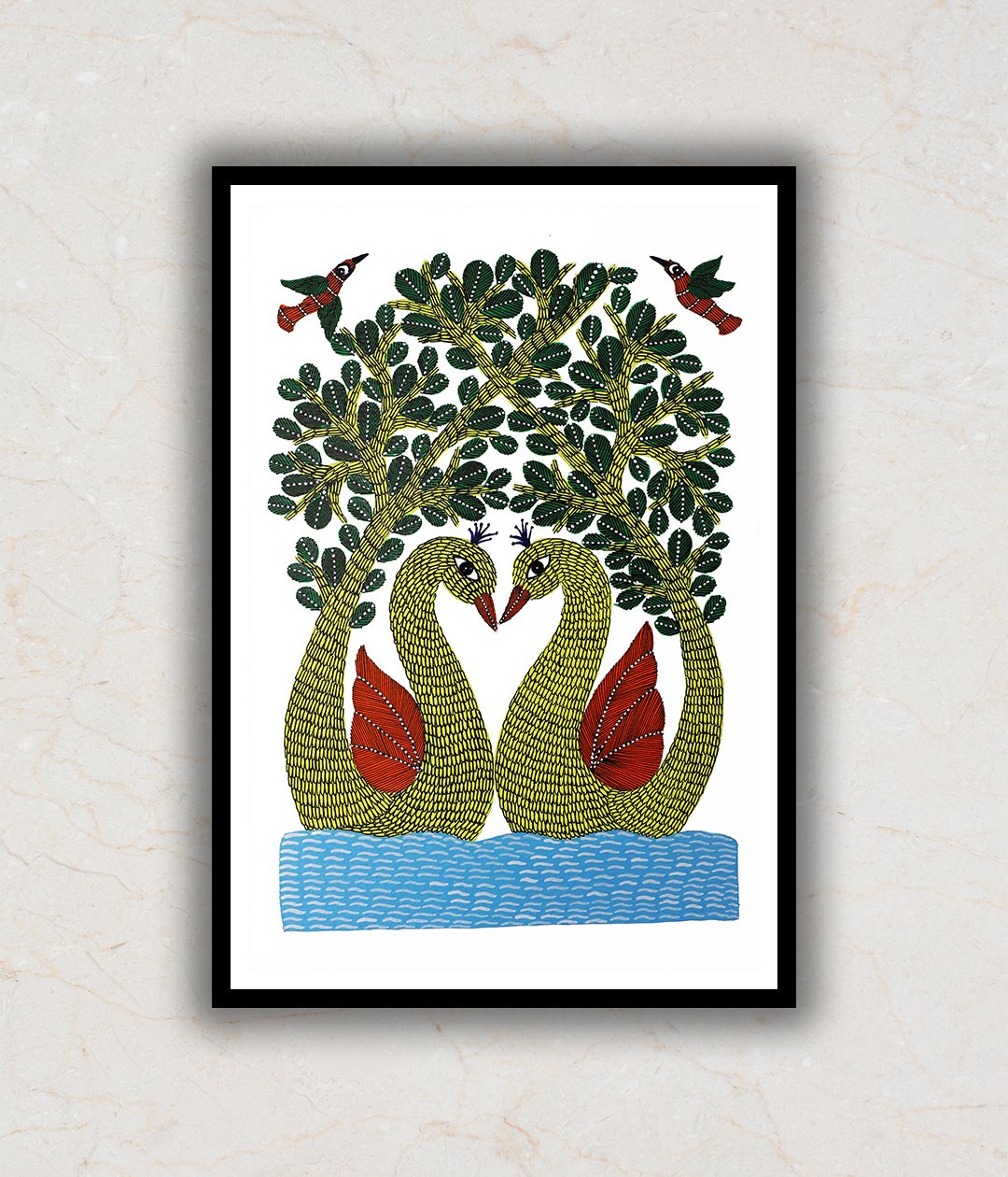 "Swans Gond Art Painting For Home Wall Art Decor"