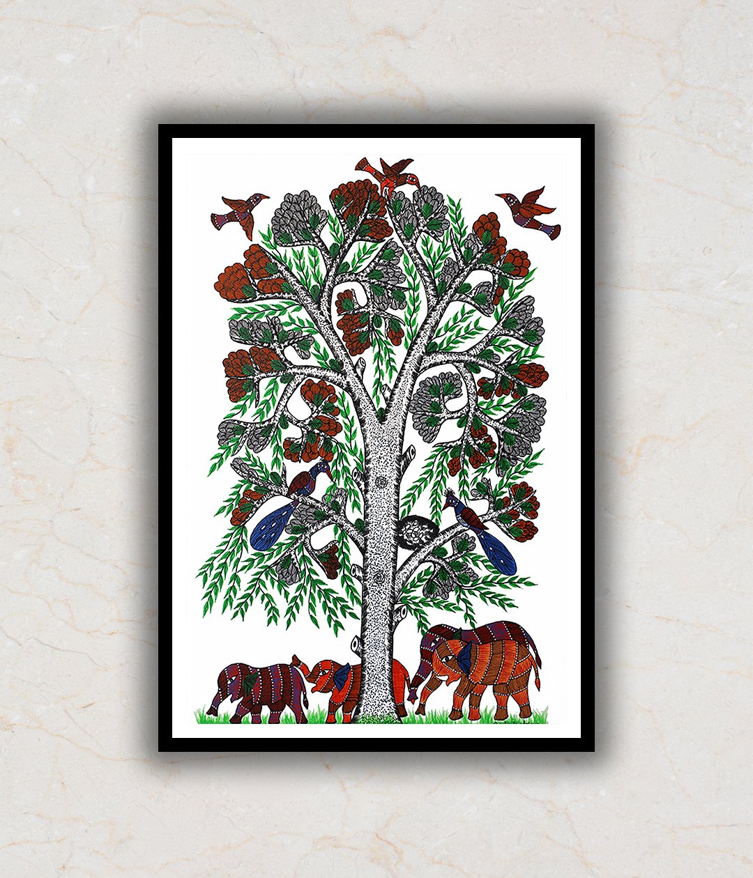 "Elephants and Tree Gond Art Painting For Home Wall Art Decor 1"