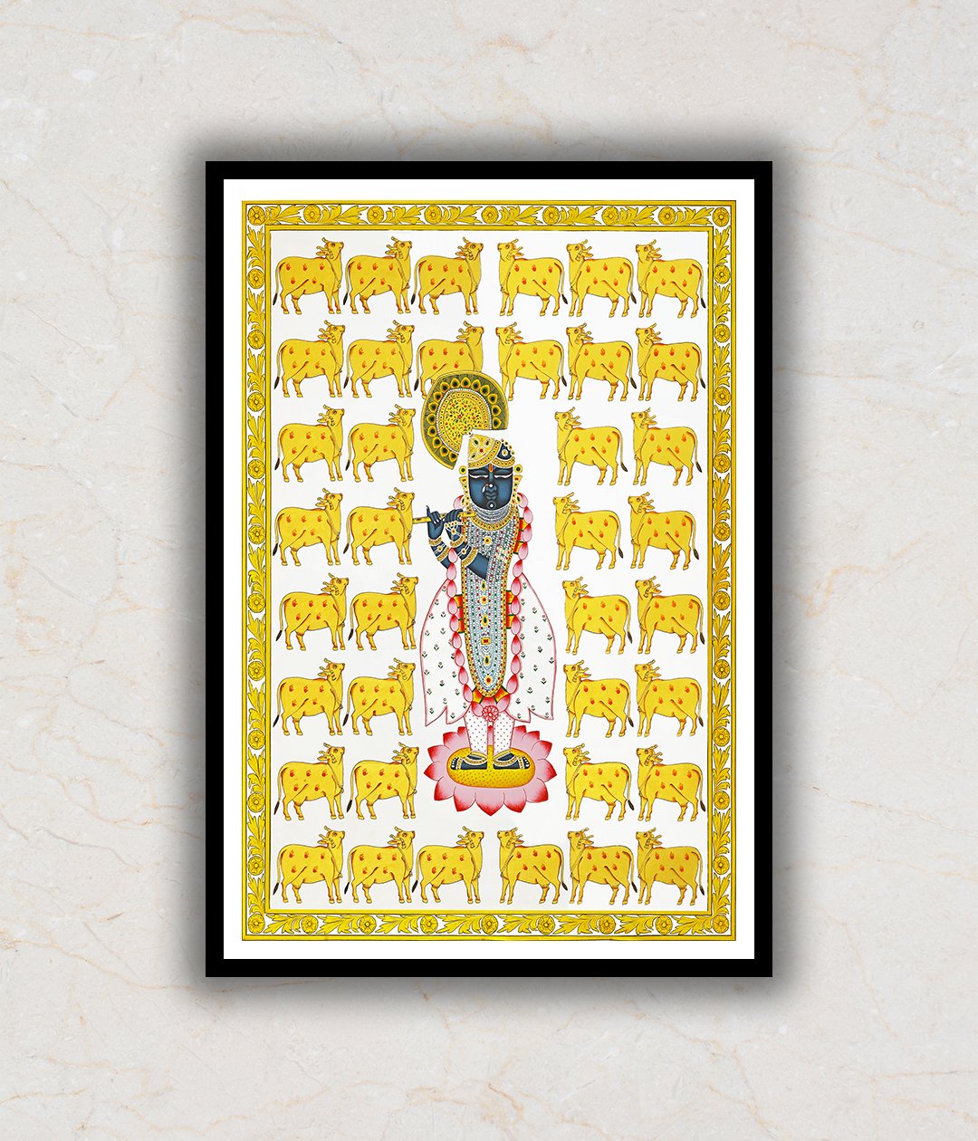 "Shrinath Ji (Shri Krishna) with Cows Pichwai Art Painting For Home Wall Art Decor"
