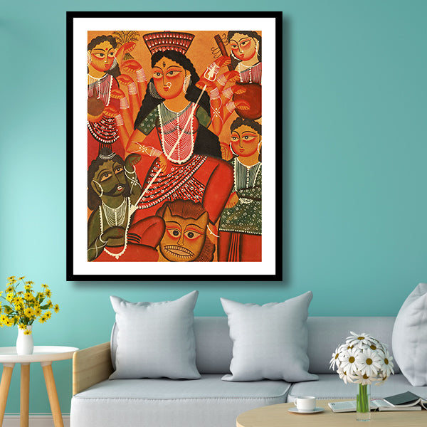 "Goddess Durga Vanquishing Demons Kalighat Painting 1"