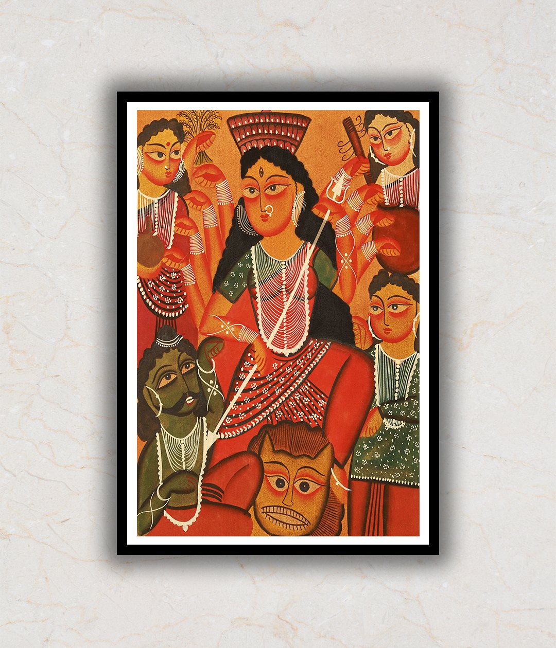 "Goddess Durga Vanquishing Demons Kalighat Art Painting For Home Wall Art Decor"