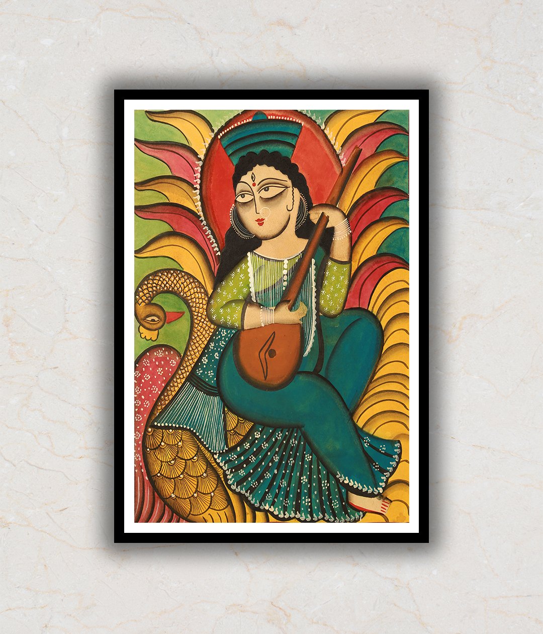"Goddess Saraswati Kalighat Art Painting For Home Wall Art Decor 3"