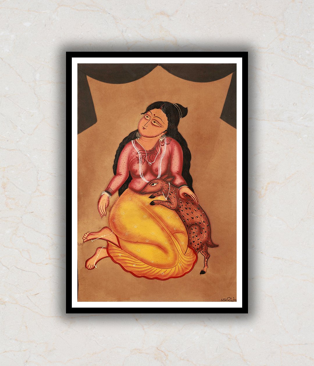 "Woman Fostering a Fawn Kalighat Art Painting For Home Wall Art Decor 2"
